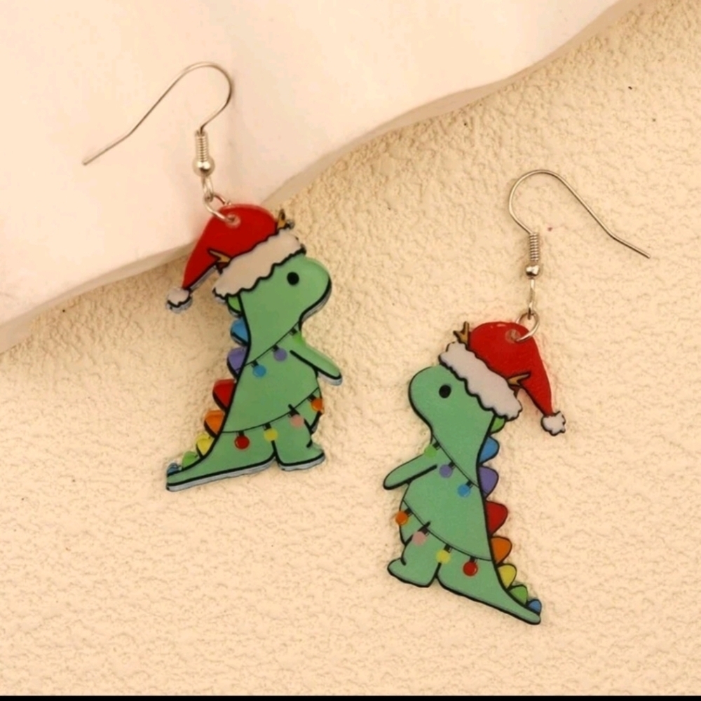 Green Christmas dinosaur Santa hat cute dangle earrings jewelry women's bag purs